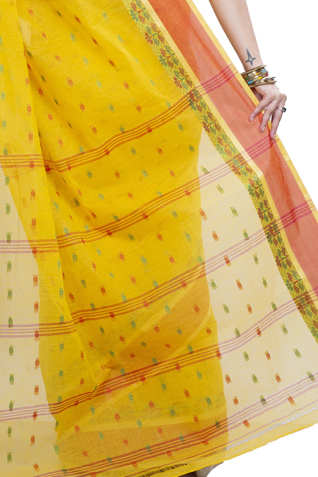 Yellow Pure Cotton JoraPata Tant Saree (784)